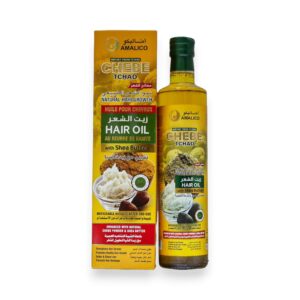 Amalico Chebe Tchad Hair Oil bottle and yellow packaging with Shea Butter, imported from Chad for natural hair growth and strengthening.