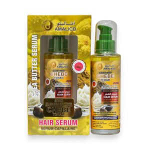 "Amalico Chebe Tchad and Shea Butter Hair Serum packaging and bottle, 100ml natural hair growth oil for anti-breakage, sold by Beauty Earth Cosmetics in Muscat, Oman."