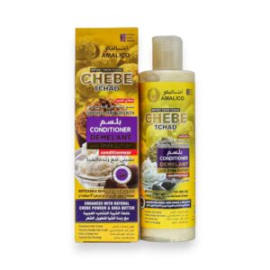 "Amalico Chebe Tchad natural hair growth conditioner bottle and box with shea butter, imported from Chad, available at Beauty Earth Oman."