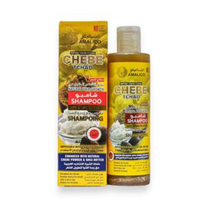Amalico Chebe Tchad Shampoo bottle and yellow packaging box featuring authentic Chadian hair growth ingredients and Shea Butter for natural hair care at Beauty Earth Muscat.