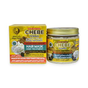 “Amalico Chebe Tchad Hair Mask jar and box packaging, featuring natural African chebe powder and shea butter for hair growth and strengthening, available at Beauty Earth Oman.”