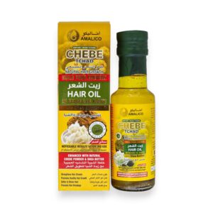 "Amalico Chebe Tchad Hair Oil bottle and box packaging featuring Shea Butter, imported from Chad for natural hair growth and strengthening, available at Beauty Earth Muscat."