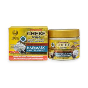 "Amalico Chebe Tchad Hair Mask packaging and jar featuring natural Chebe powder and Shea Butter for hair growth and strengthening, available at Beauty Earth Oman."