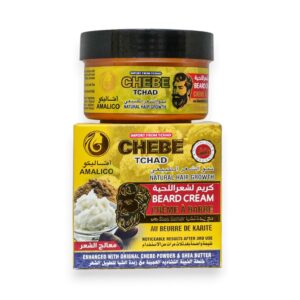 Amalico Chebe Tchad Beard Cream and Natural Hair Growth jar and box packaging featuring Shea Butter ingredients and authentic Chadian branding.