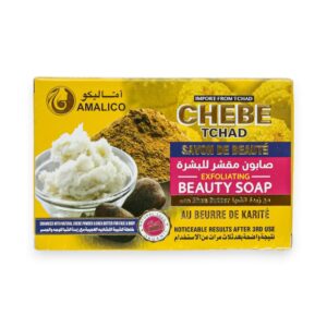 "Yellow packaging of Amalico Chebe Tchad Exfoliating Beauty Soap with Shea Butter, featuring images of raw chebe powder, shea butter, and nuts. Text indicates imported from Tchad and 100% natural organic choice."