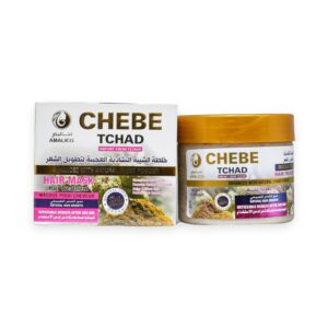 "Amalico Chebe Tchad Hair Mask packaging and jar, a natural African hair growth treatment and herbal hair mask for strengthening hair, available at Beauty Earth Oman."