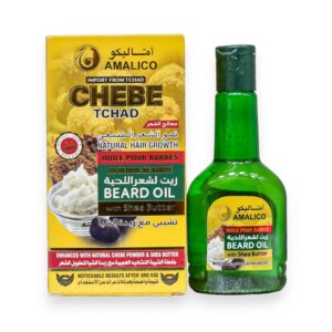 "A box and bottle of Amalico Chebe Tchad Beard Oil and Natural Hair Growth treatment with Shea Butter, featuring traditional African ingredients for hair strengthening."