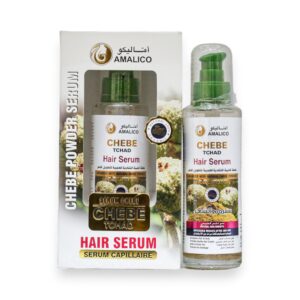 "Amalico Chebe Tchad Hair Serum bottle and packaging, a natural African herbal hair growth product for strengthening and moisturizing hair, available at Beauty Earth cosmetics shop in Muscat, Oman."